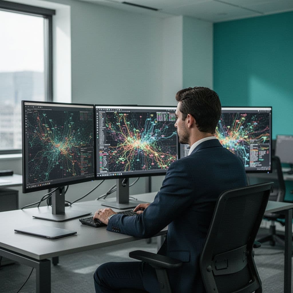 Professional at desk with two screens showing abstract network traffic visualizations.