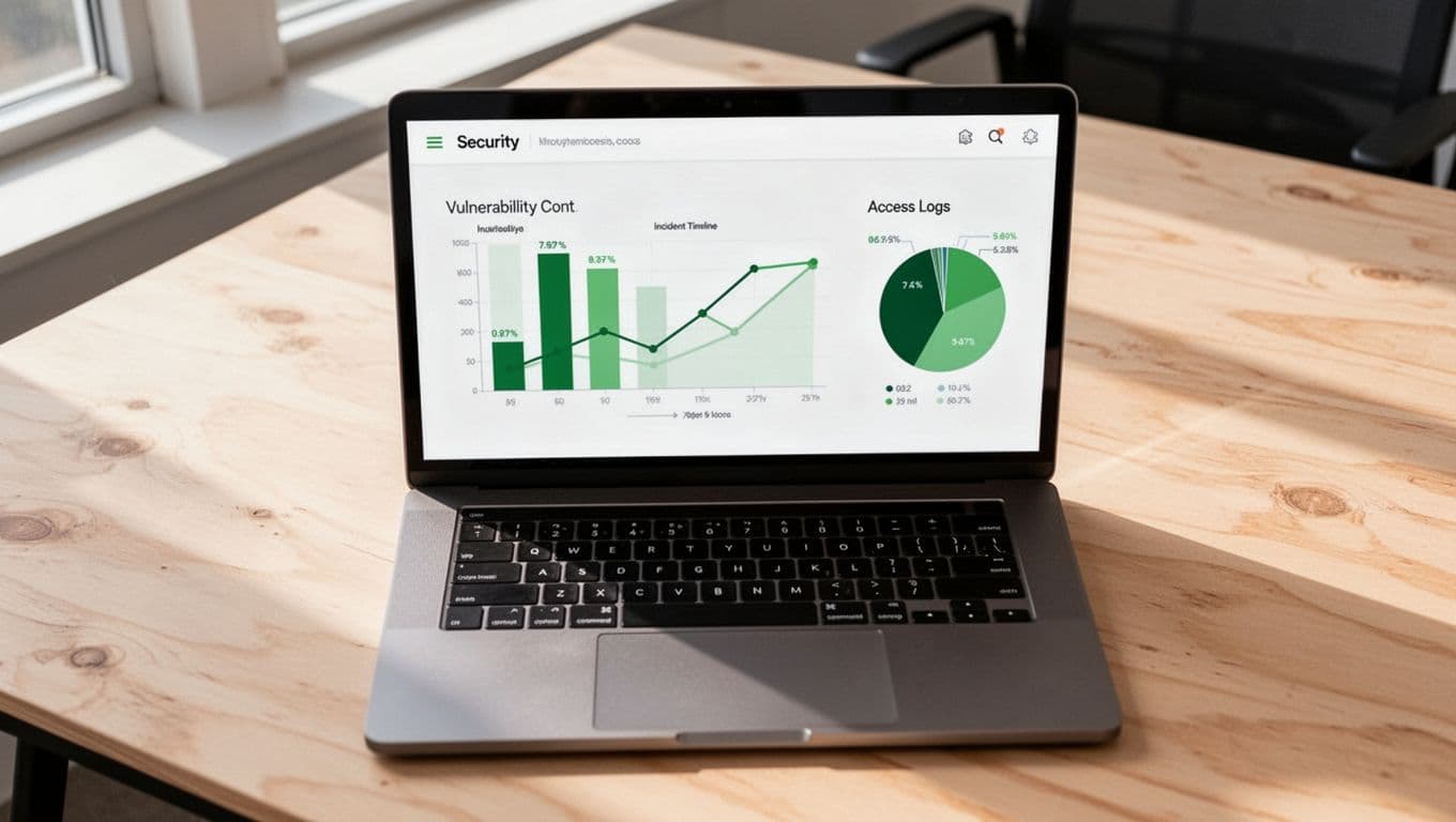 Laptop on wooden desk displays security dashboard with green vulnerability bar graph, incident line chart, and access pie chart.