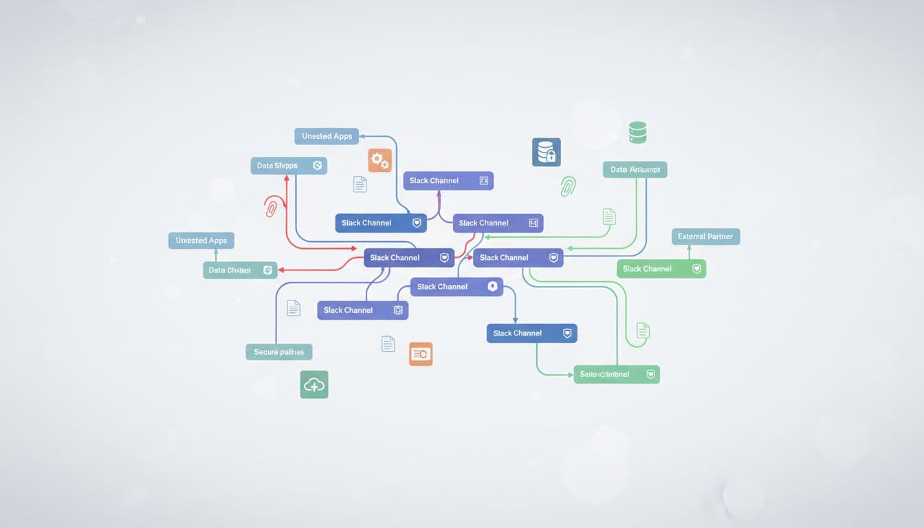 Abstract network diagram of Slack channels linking internal and external users via app icons and file shares, red risky flows, green secure paths on workspace background.