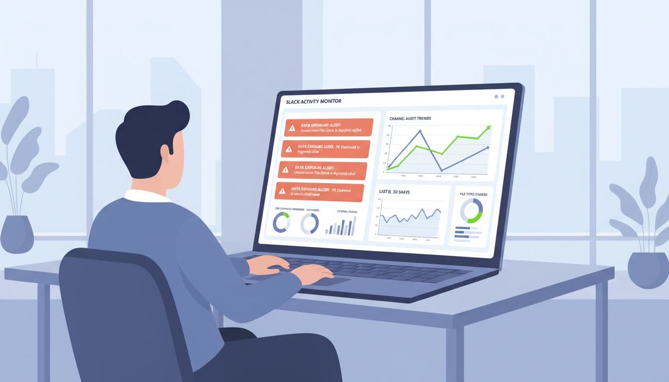 Admin in modern office views laptop dashboard with Slack data exposure alerts and channel audit graphs.