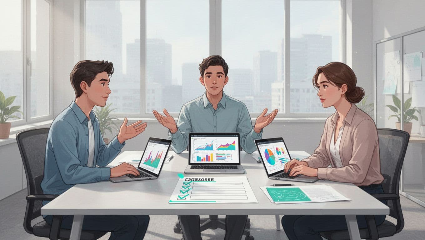 Three people gather around table in bright office with laptops showing dashboards and printed checklist, one gesturing.