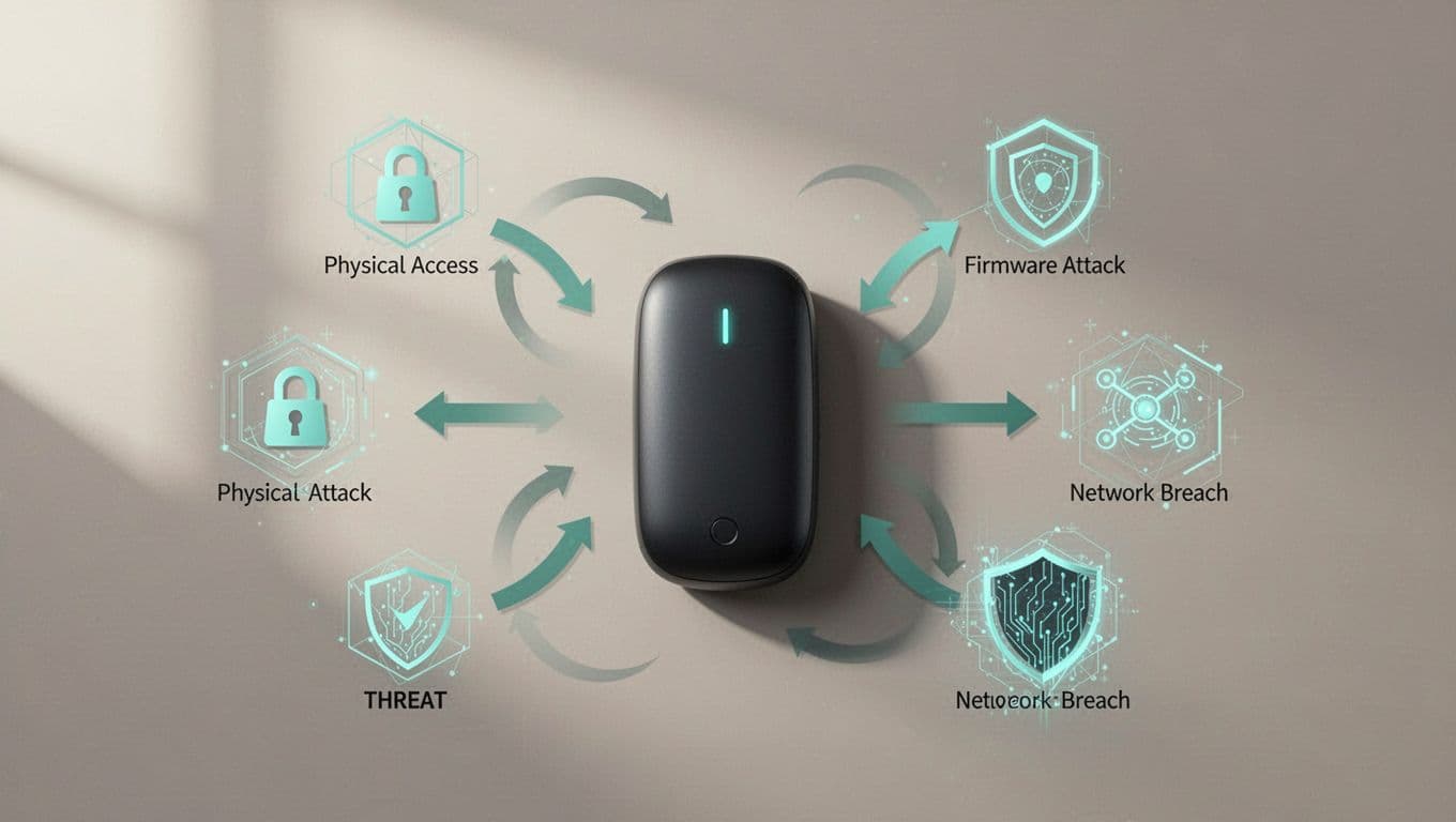 Central smart sensor device with five threat icons for physical access, firmware attack, and network breach, linked by arrows on neutral background.