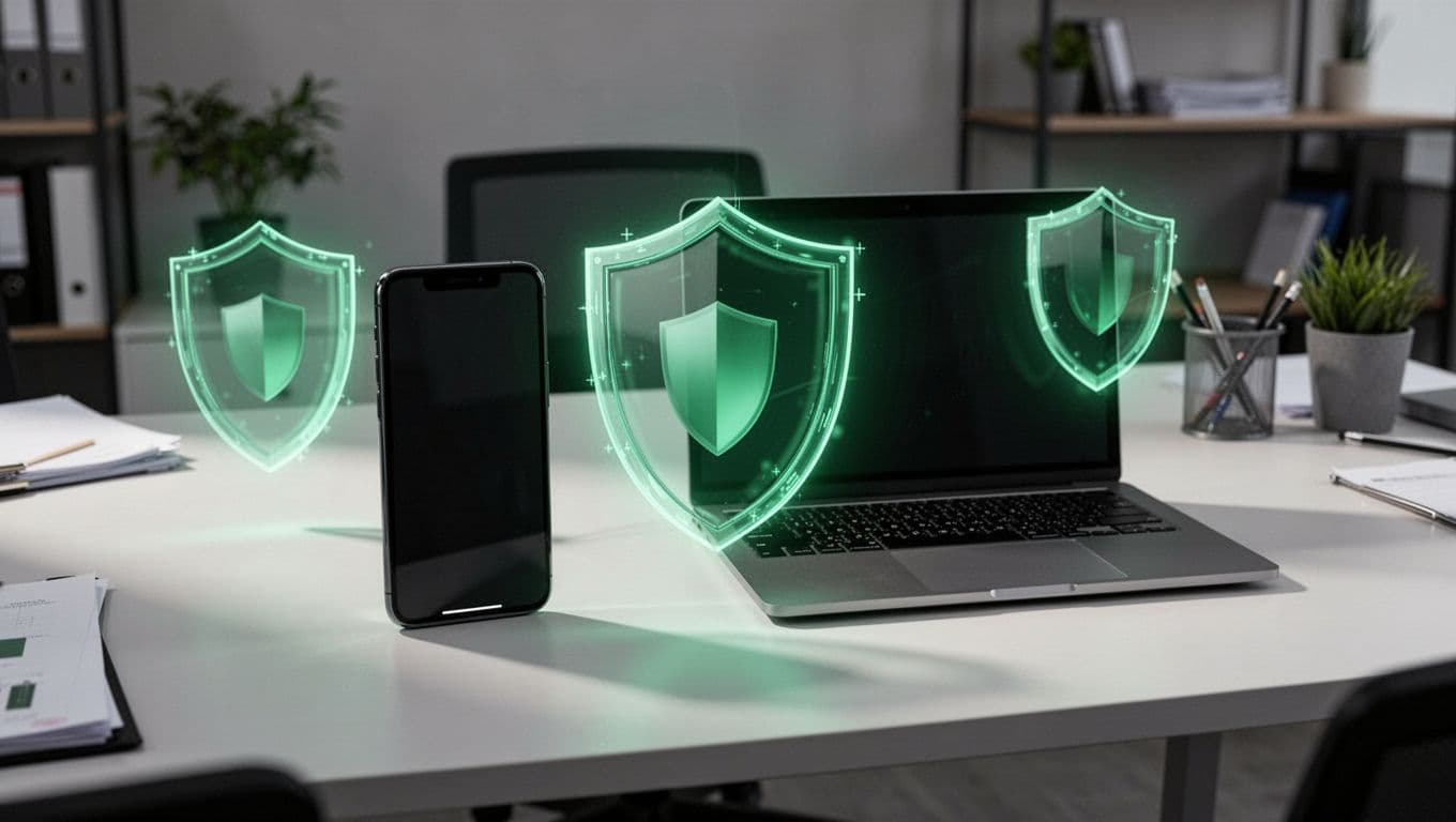 Smartphone and laptop on office desk surrounded by glowing green security shields and vulnerability icons.