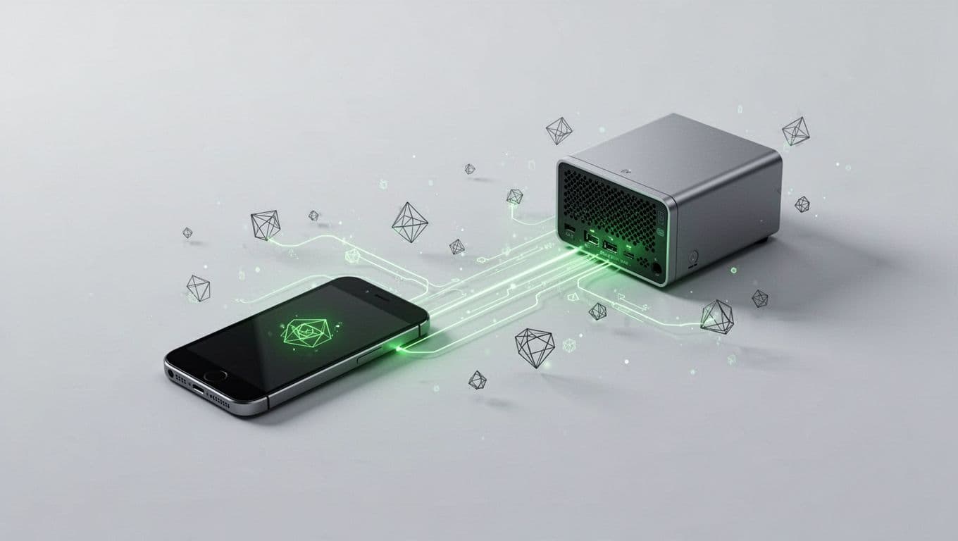 Smartphone connects to server via green lines with tiny geometric shapes indicating vulnerabilities on light grey background.
