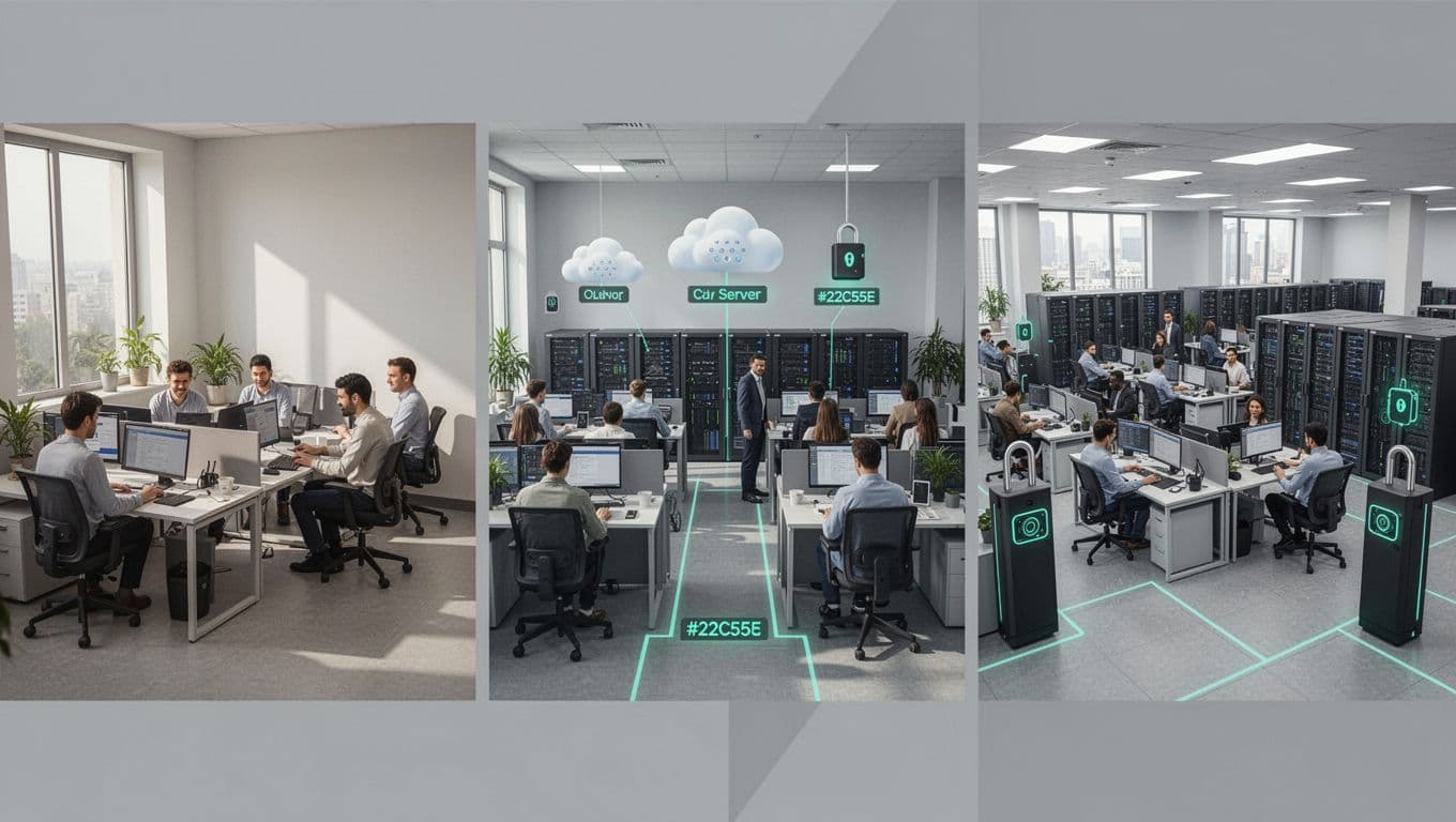 Side-by-side panels show SMB phases: startup with 5 people no shields, growth with 20 people moderate shields, scaling with 50+ people strong locks.