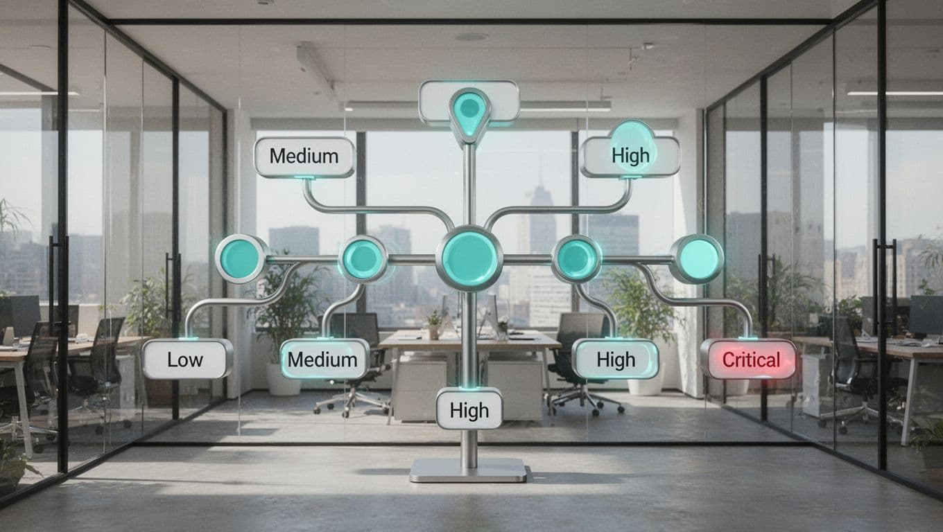 Flowchart-style decision tree branching for low to critical severity based on threat intel, asset impact, and user behavior, with green accents on nodes against modern office background.