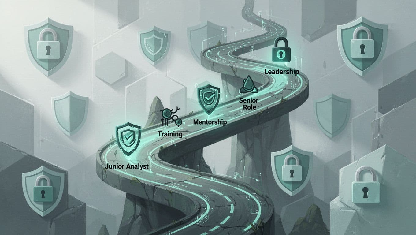 Ascending trail with milestones winds through abstract shields and locks, green highlights on path and icons.