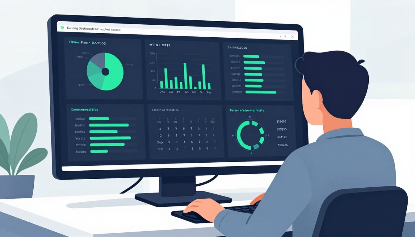 Cybersecurity analyst in SOC room views dashboard showing incident response time charts, relaxed hand on mouse.