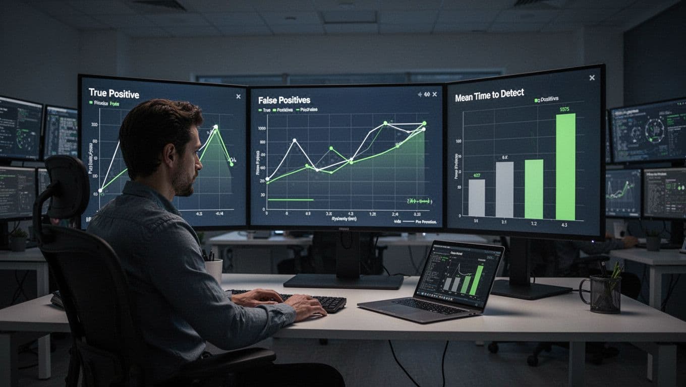 Analyst in dimly lit SOC views curved monitor showing graphs for true positives, false positives, and MTTD.