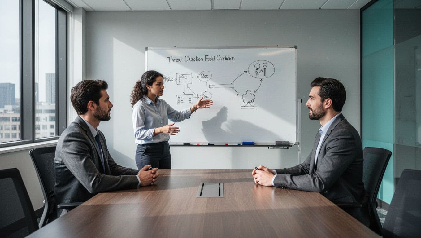 SOC analyst candidate explains threat detection diagram to two interviewers across conference table.
