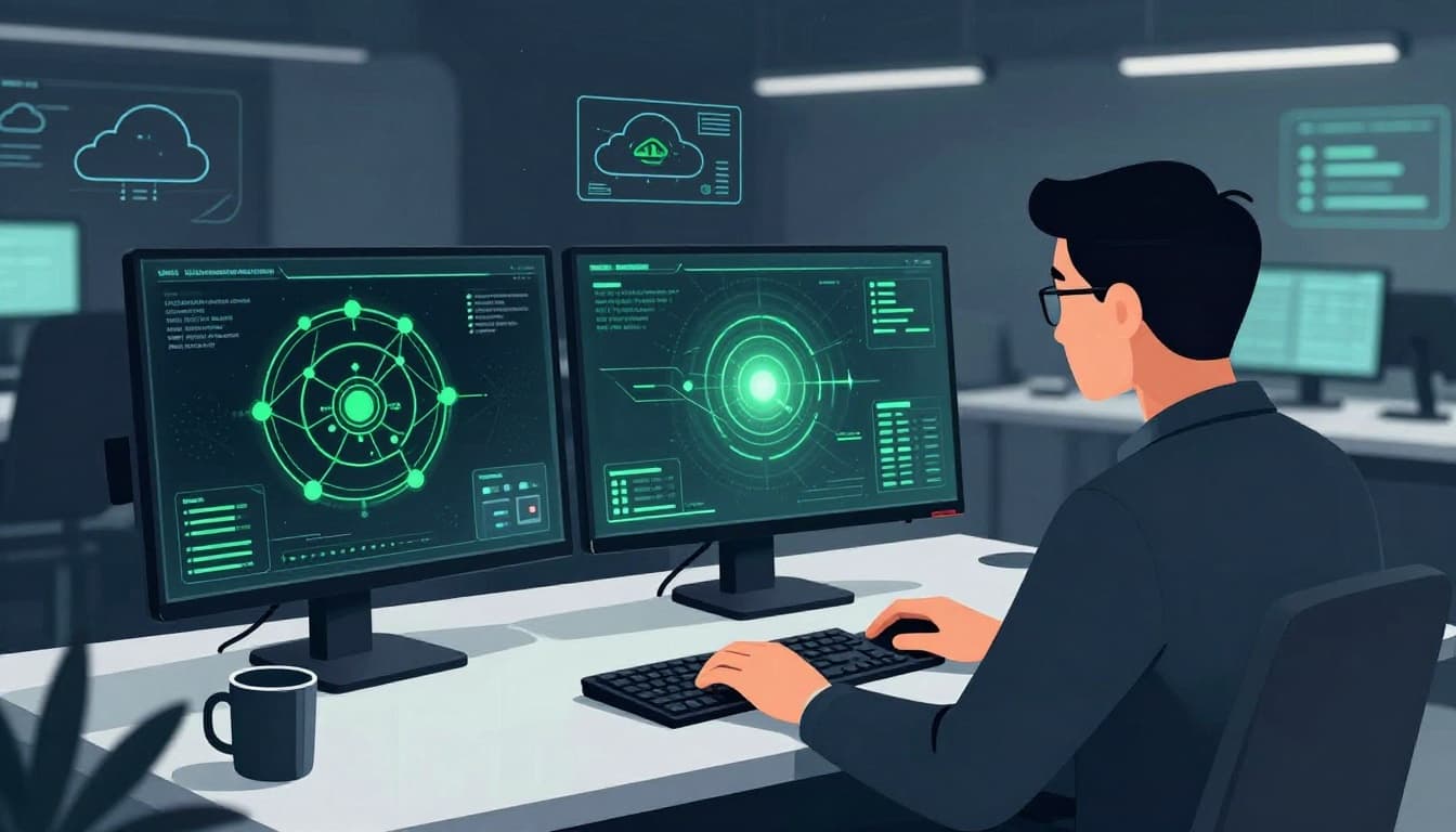 Cybersecurity analyst in dimly lit control room monitors decoys and network traps on screens with holographic displays.