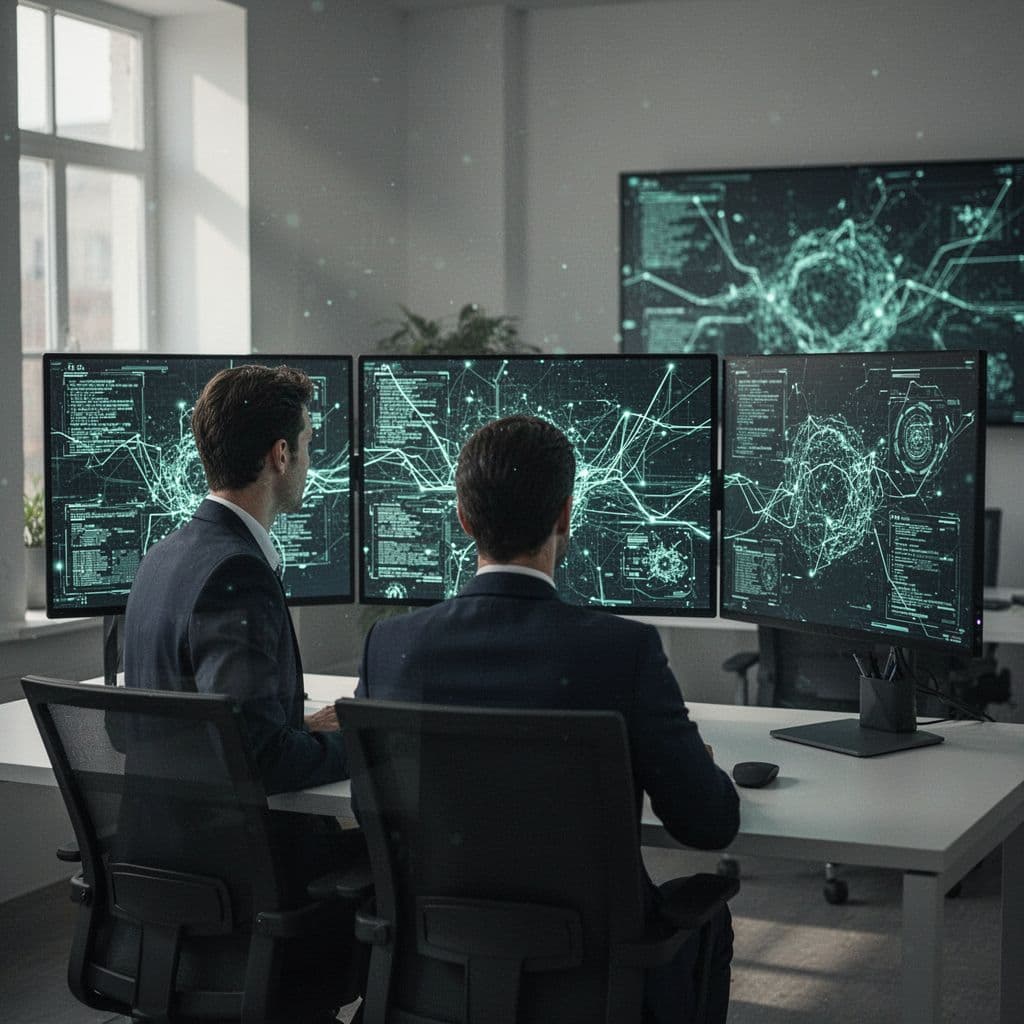Person at desk views multiple screens with complex data flows and abstract symbols.