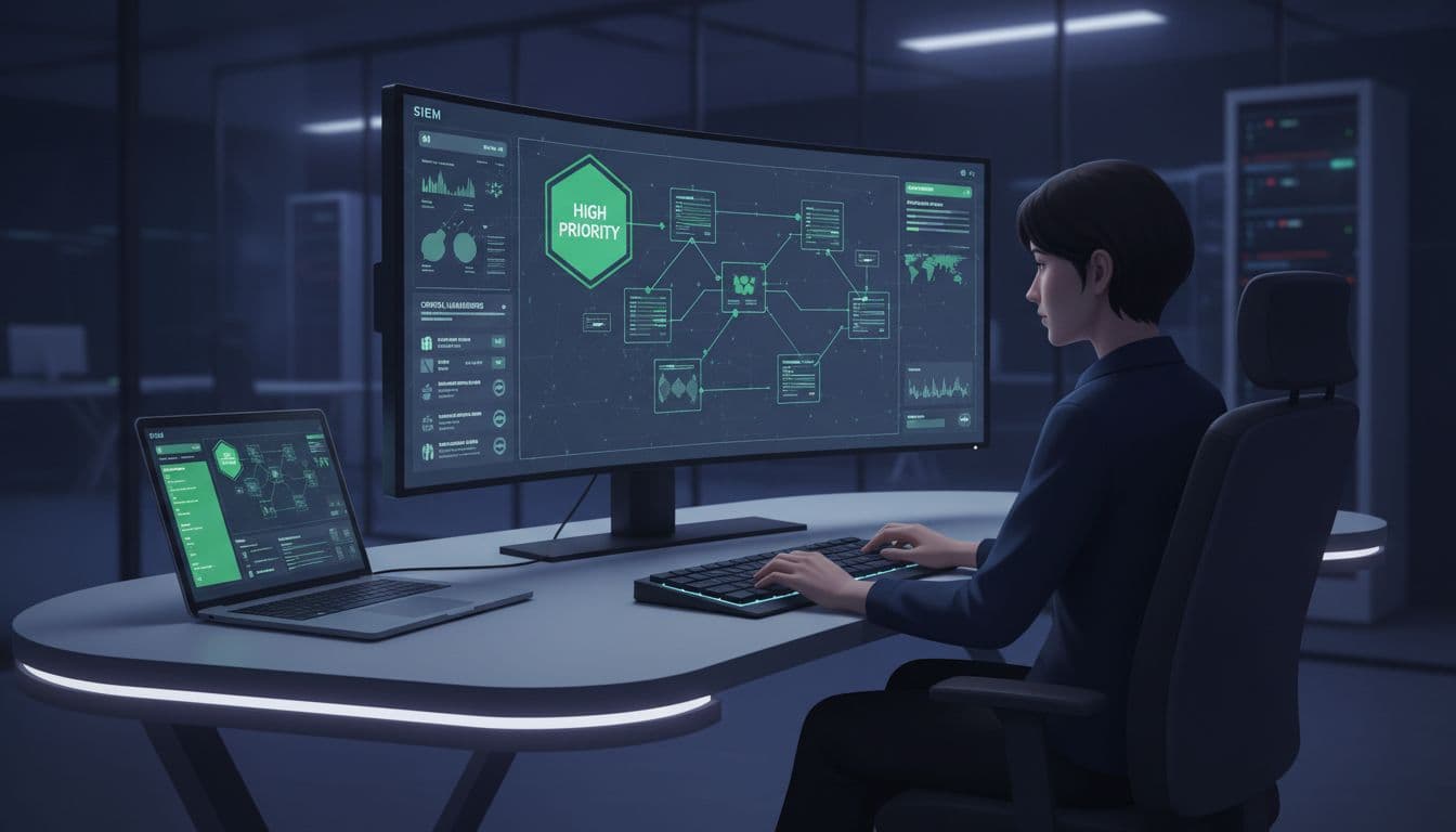 SOC analyst at desk reviews prioritized CTEM exposures on SIEM screen with laptop dashboard highlighting high-risk items.