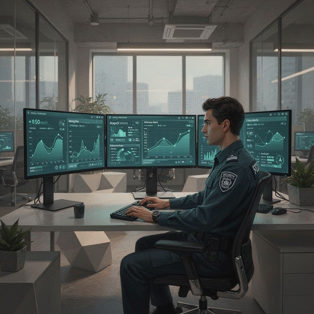 Focused analyst at desk with multiple monitors showing security dashboards, hands on keyboard in modern office.