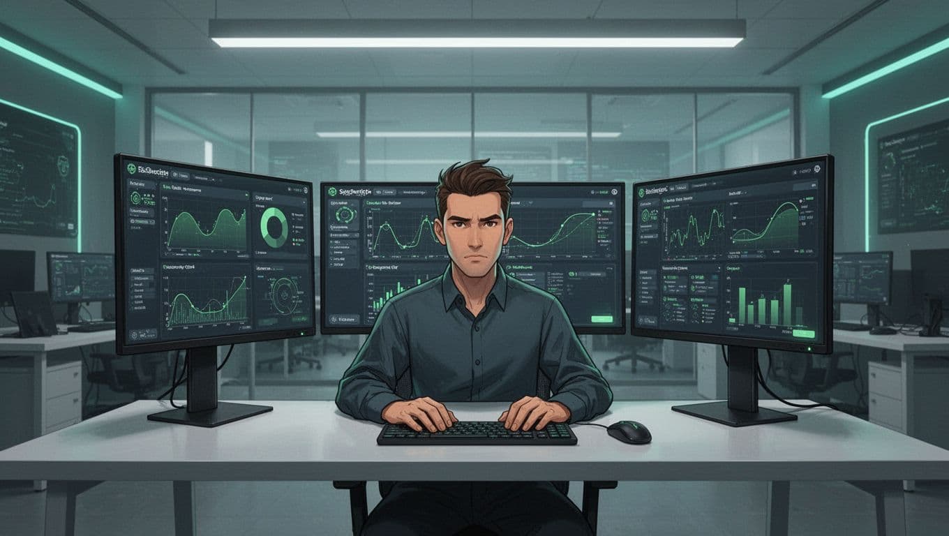 SOC analyst seated at desk in modern SOC room views two monitors with SIEM dashboards and green threat alerts.