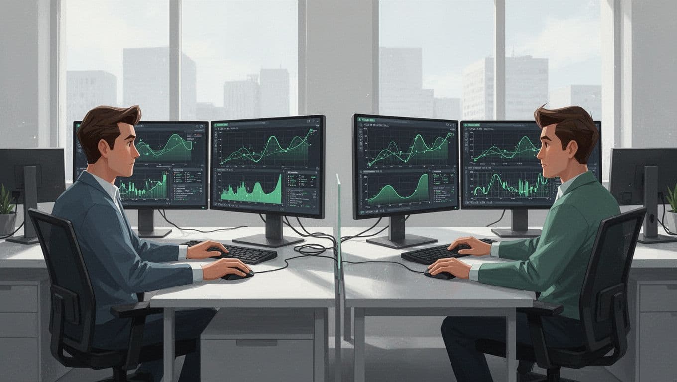 Two SOC analysts at desks with multiple monitors displaying EDR performance graphs in a collaborative office.