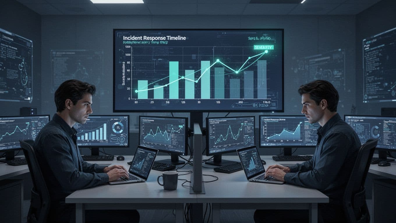 Two focused analysts in dimly lit blue-toned SOC room monitor screens with bar charts and line graphs accented in green.