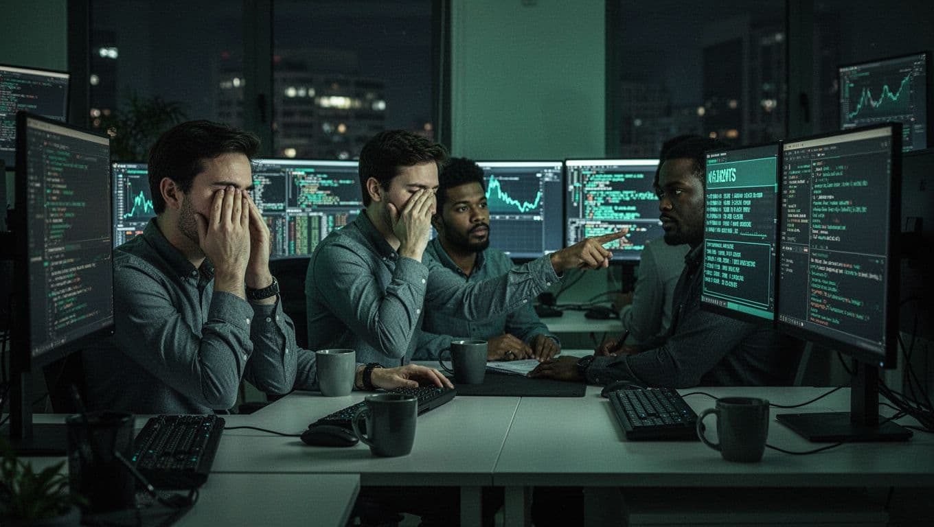 Three diverse cybersecurity analysts in dim SOC room monitor screens at night; one rubs eyes, another points to green alert.