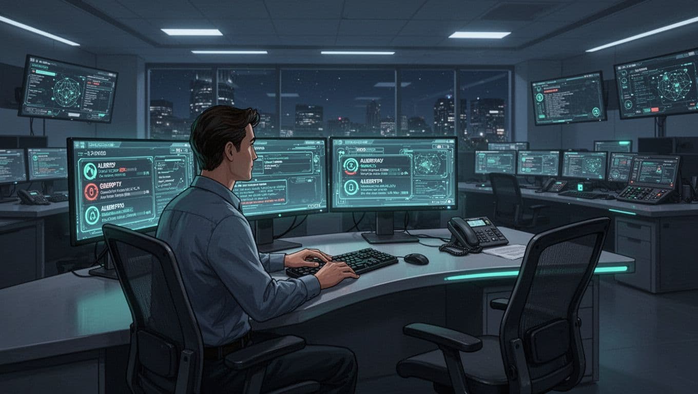 Three analysts monitor glowing screens at curved workstations in high-tech SOC center at night, empty chair foreground.