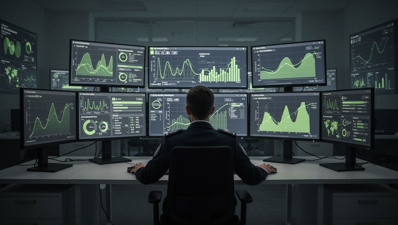 Lone analyst in dim SOC monitors screens with real-time alerts, east-west traffic, and DLP incidents.