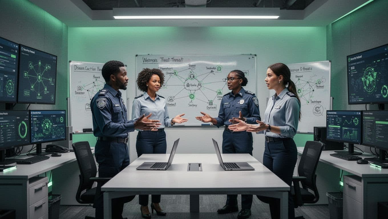 Four diverse professionals collaborate around central table in modern SOC room with threat maps on whiteboards and green-highlighted XDR screens.