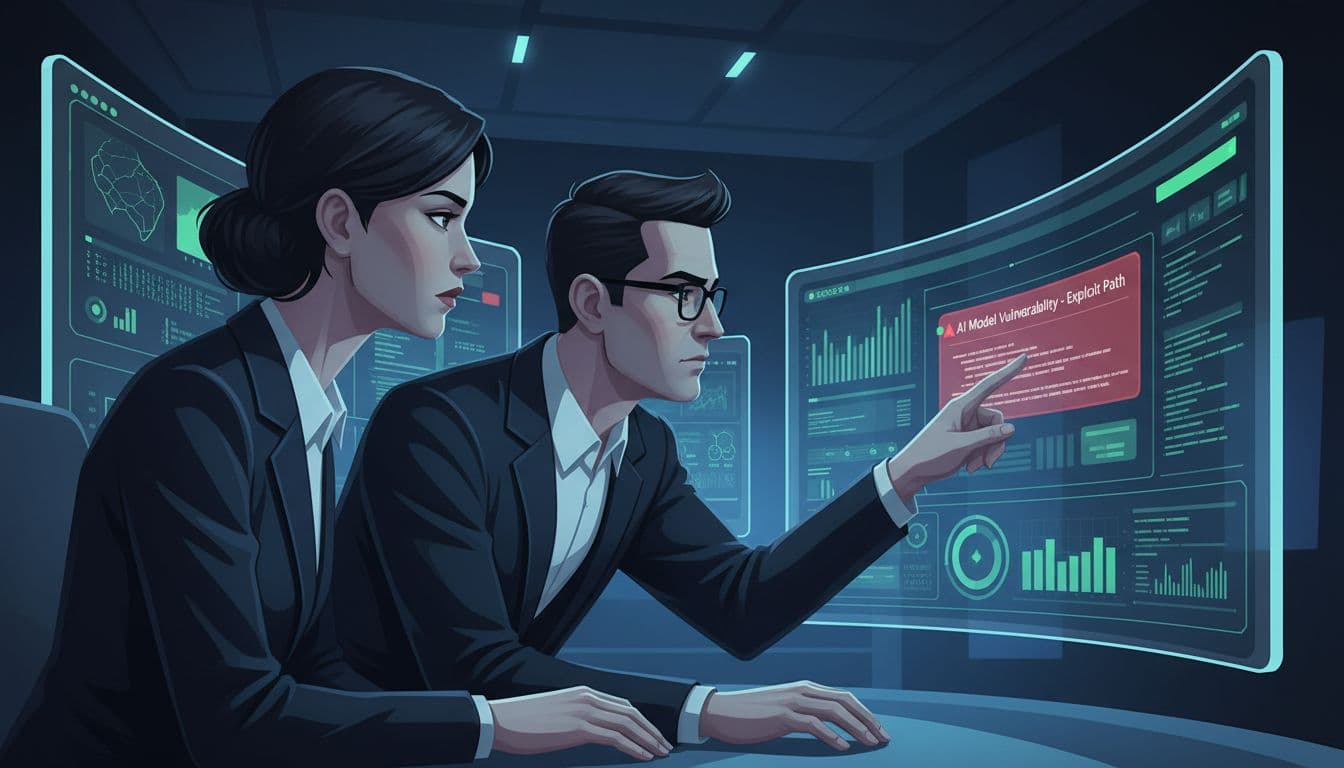 Two professionals in high-tech security center examine vulnerabilities on multiple screens, one pointing to highlighted threat.
