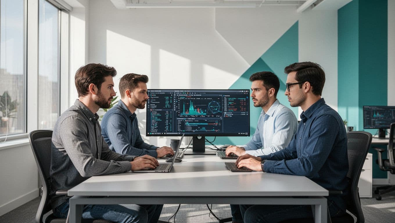 Three stylized professionals work together in a bright office environment with green color accents.