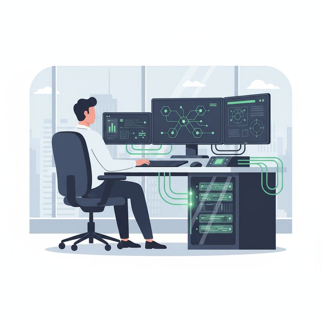 A software engineer works at a desk on a secure computer system in a professional office.