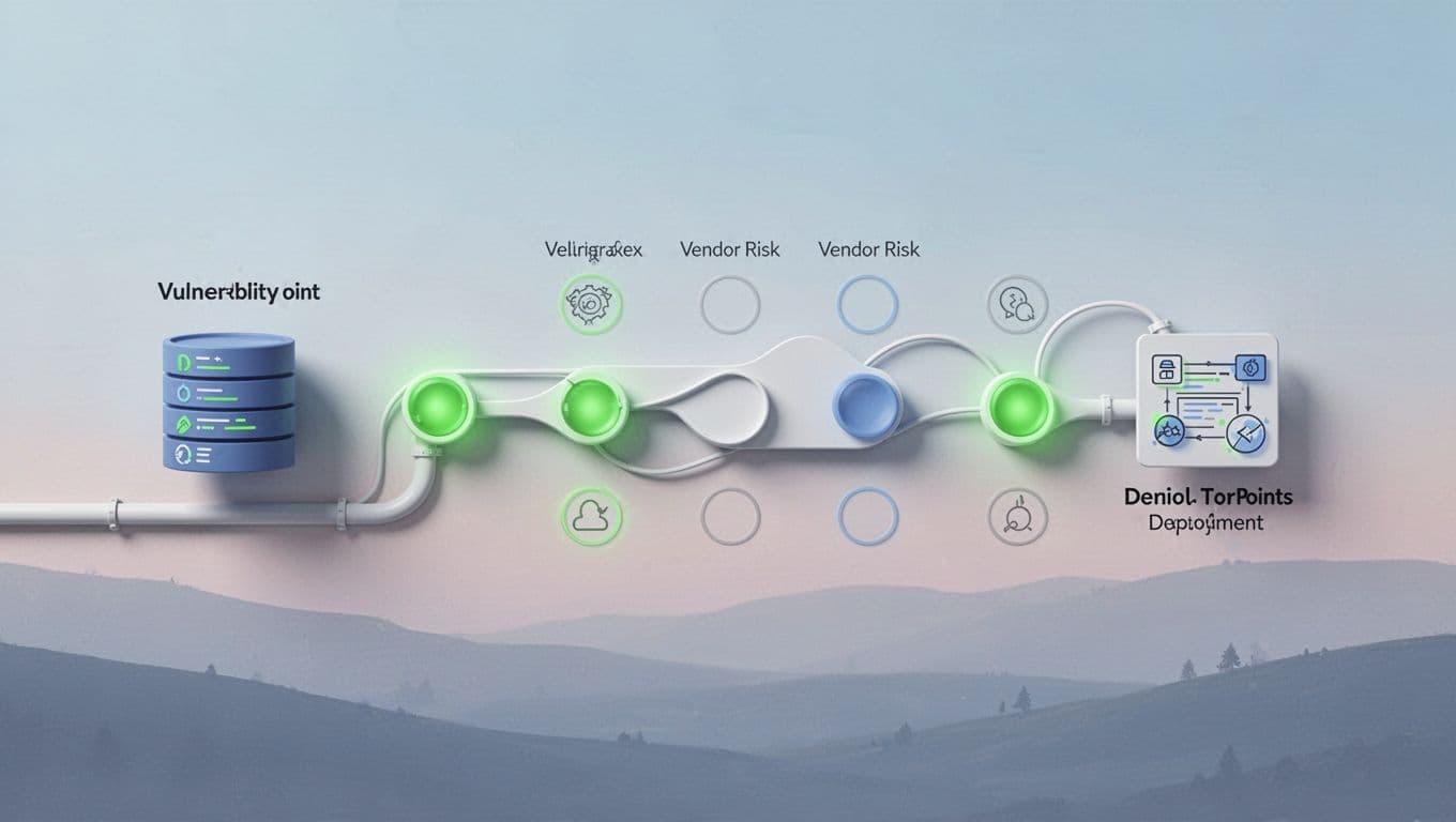 Clean illustration of pipeline from code repo to deployment with green-highlighted vulnerability icons and risk nodes.