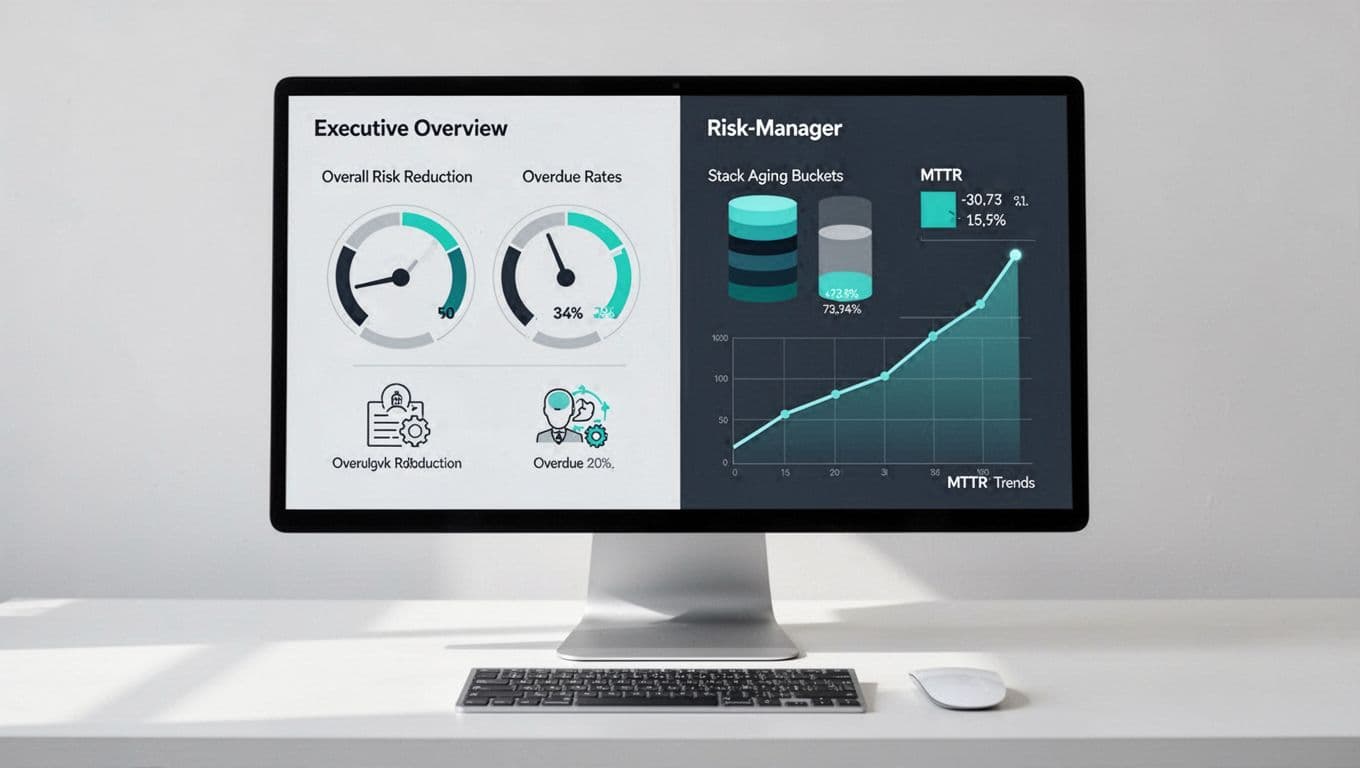Monitor on desk displays split dashboard: left executive gauges for risk and overdues, right manager aging buckets and trends.