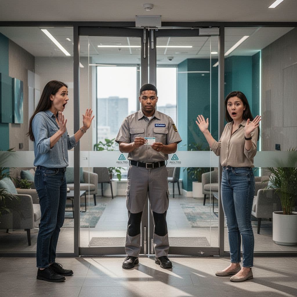 Facilities staff shows badge to surprised stranger with hands up at secure office door.