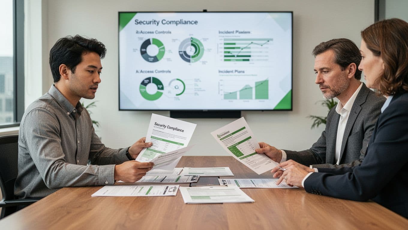 Three diverse startup founders present security documents and audit reports to an investor examining them across a conference table, with compliance charts on wall screen.