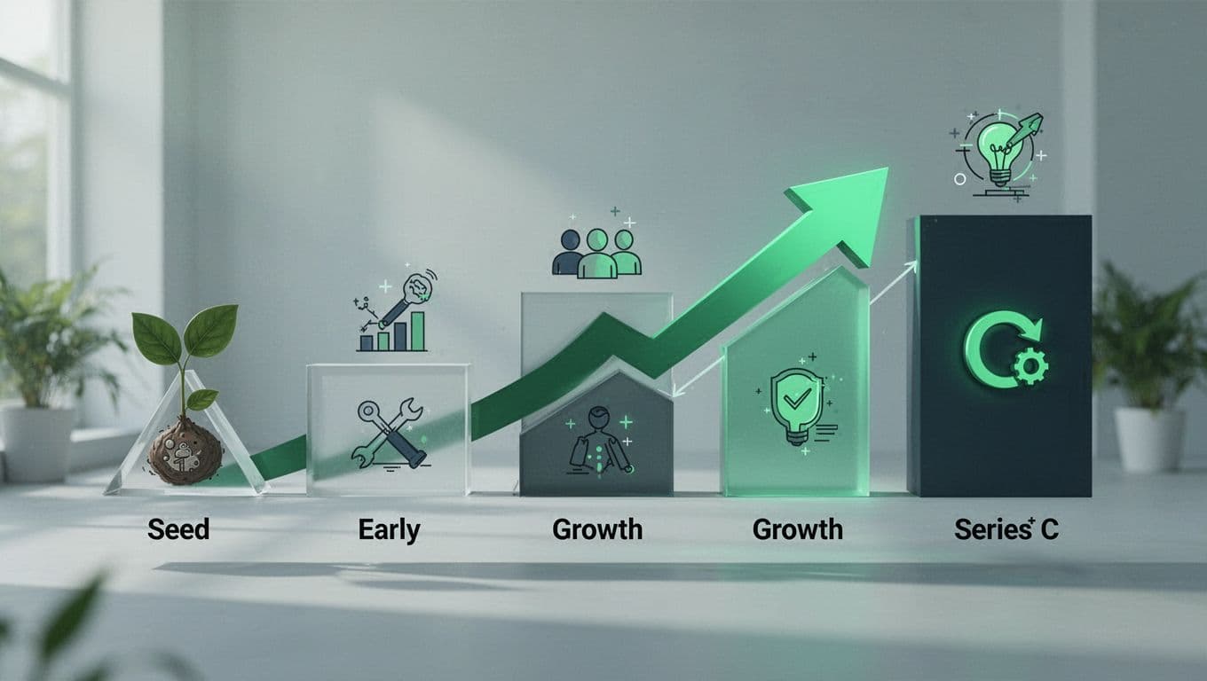 Horizontal flowchart shows startup stages from seed to Series C with rising security budget percentages and icons for people, tools, compliance.