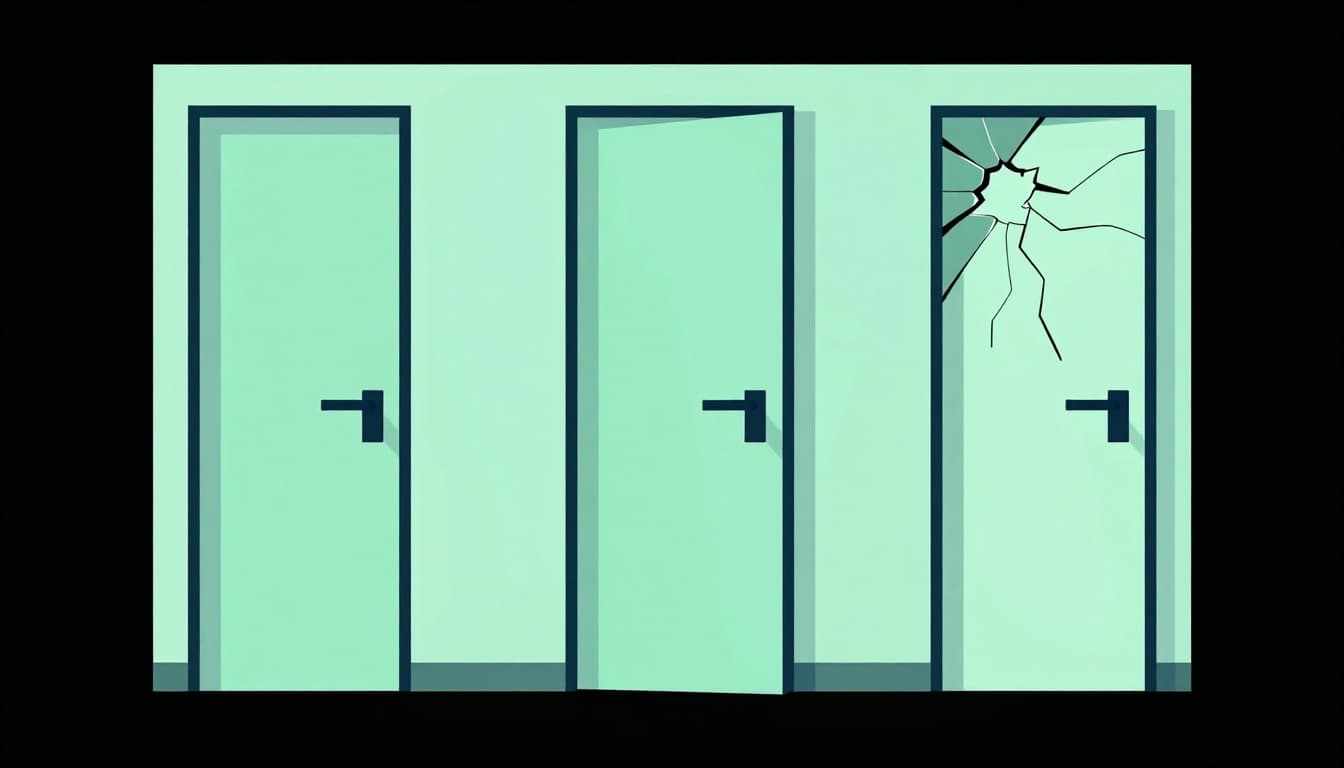 Startup building with warning signs for pitfalls: unlocked door, cracked window, green safe path leading away.