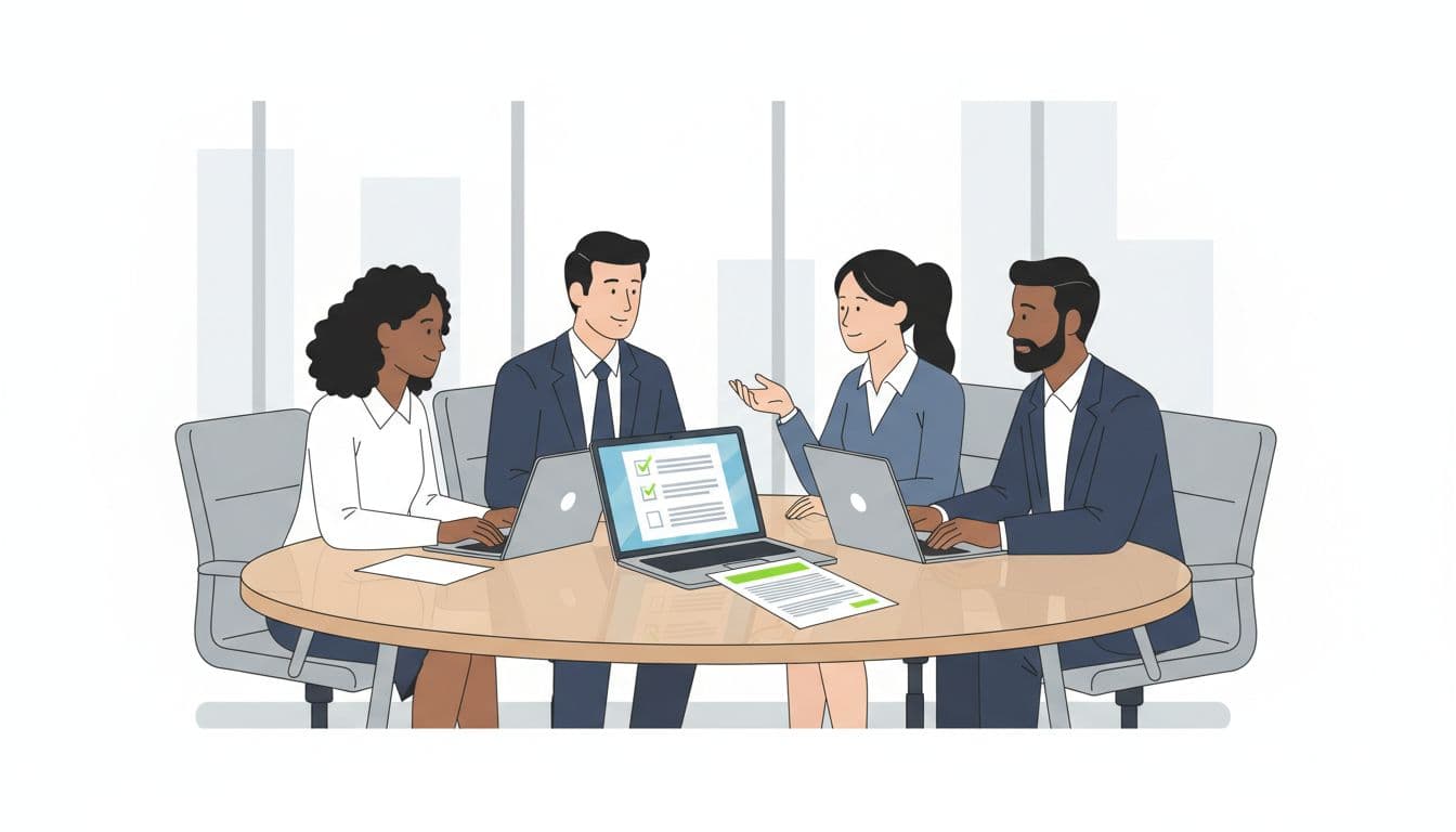 Four diverse professionals seated around conference table in modern office discuss onboarding checklist on angled laptop screen.