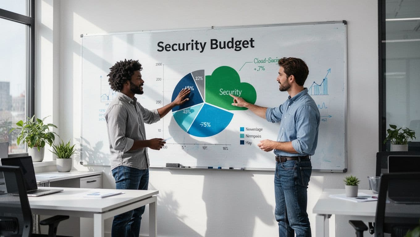 Three diverse team members in modern office discuss pie chart on whiteboard, one pointing to cloud security slice.