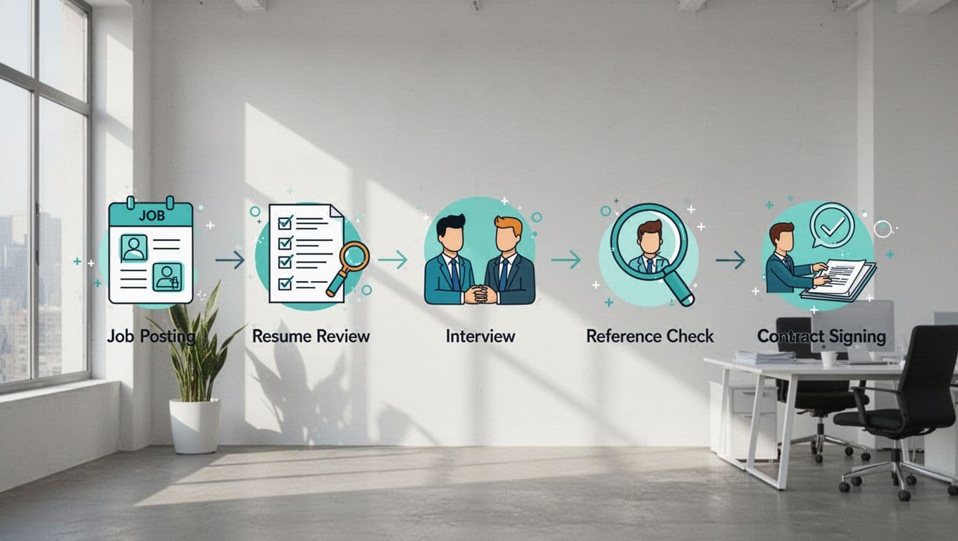 Horizontal flowchart with icons for job posting, resume review, interview, reference check, and contract signing on simple office background using green accents.