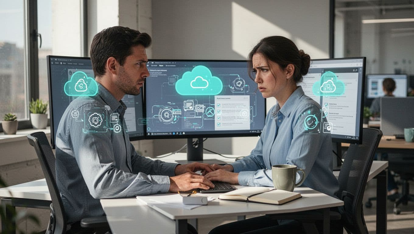 Cloud compliance auditor at modern desk with dual monitors showing AWS and Azure icons plus checklists, stressed focused expression, coffee mug and notebook nearby.
