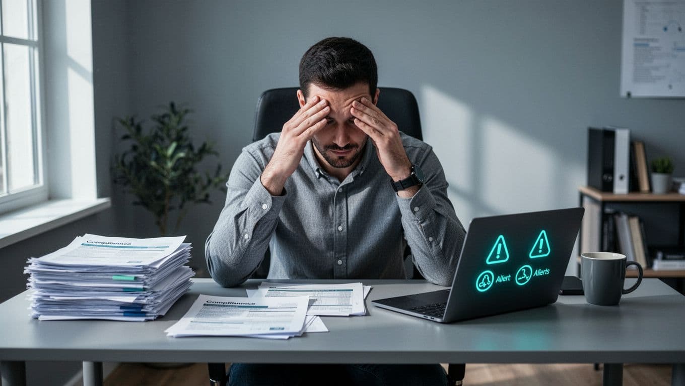 Stressed security compliance analyst rubs forehead at cluttered home office desk with stacked reports, laptop audit alerts, and coffee mug.