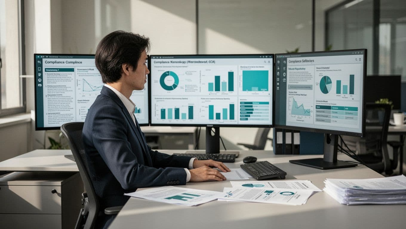 Governance risk specialist sits stressed but focused at modern desk amid compliance charts, regulatory documents, and risk assessment screens.