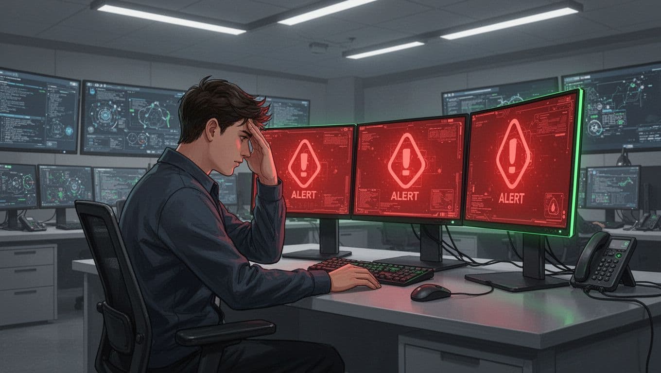 Junior security analyst sits stressed at desk with three monitors showing red alerts, hand on forehead.