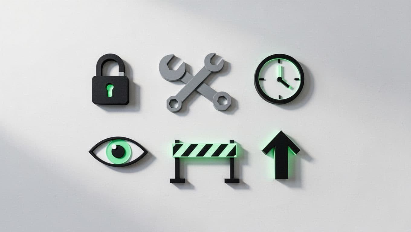 Simple whiteboard with icons for STRIDE threats: lock, wrench, clock, eye, barrier, and upward arrow accented in green.