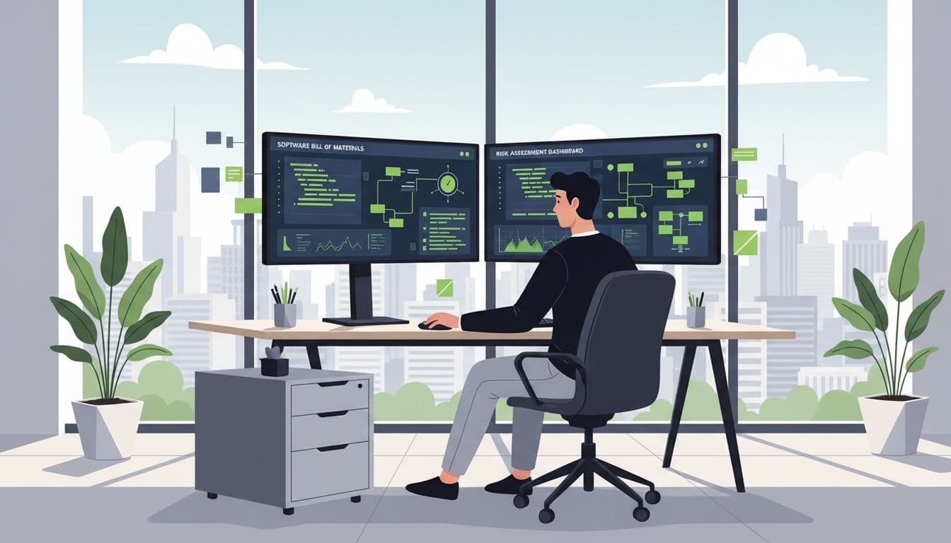Supply chain security analyst at desk reviews SBOM on dual monitors in modern office with plants and city view.
