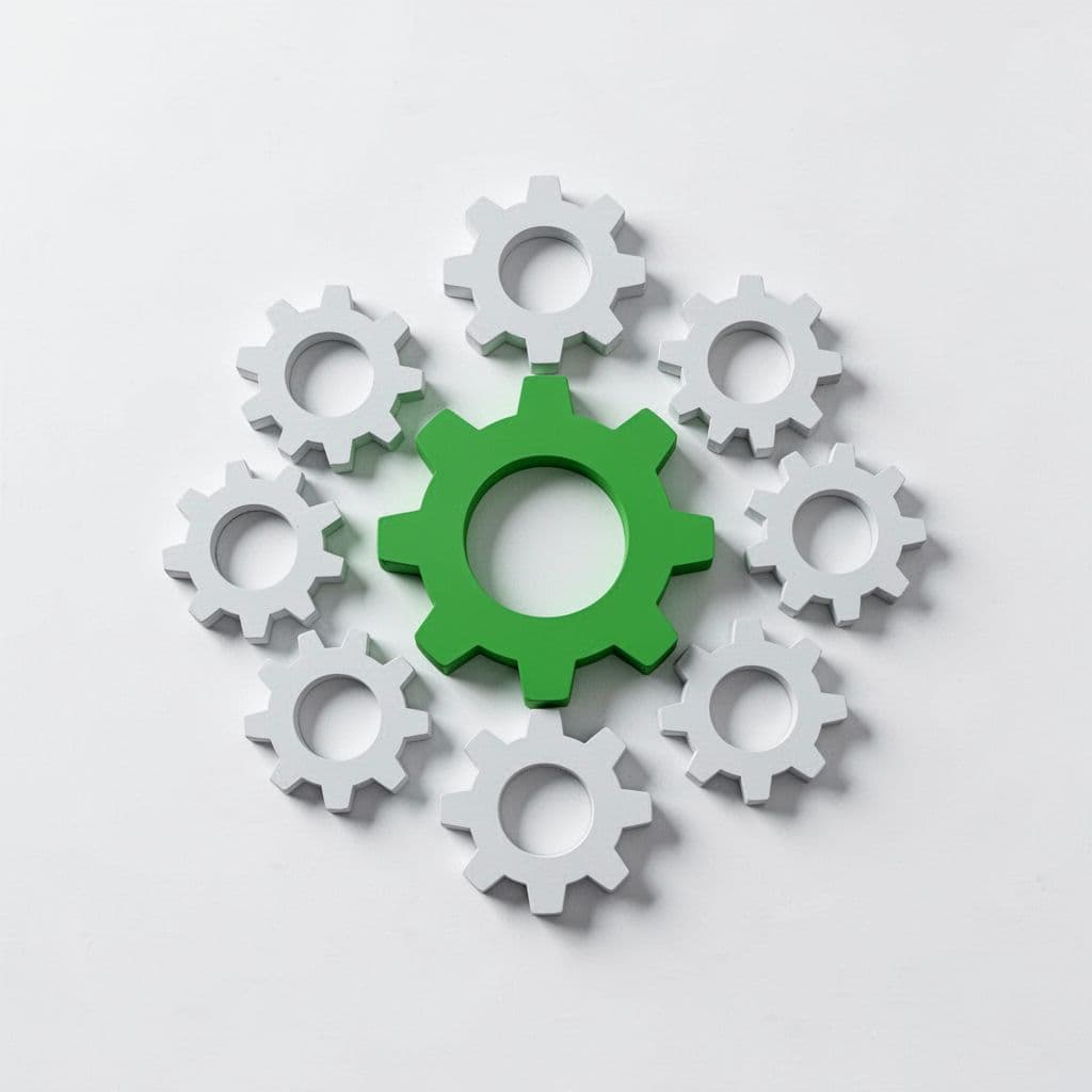 Central gear meshes with smaller surrounding gears on white background with green accents.