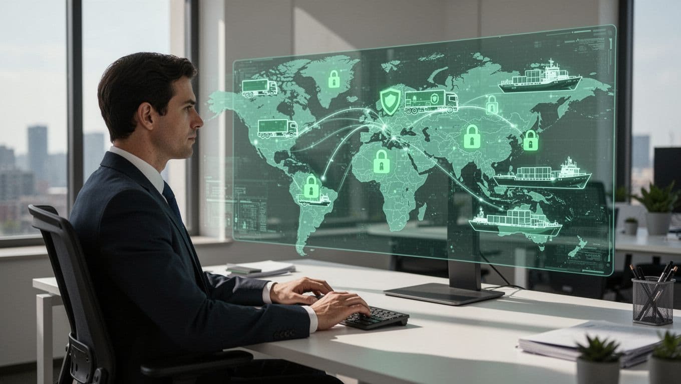 Supply chain security coordinator at modern office desk monitors digital map of global routes with green locks on trucks, ships, and warehouses.