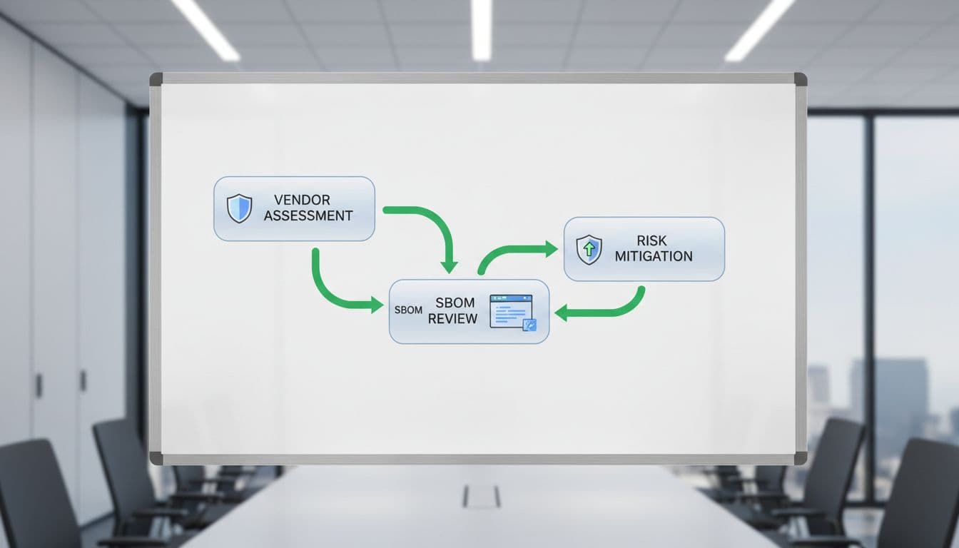 Whiteboard flowchart depicts tech firm supply chain security process with vendor assessment, SBOM review, and risk mitigation nodes linked by green arrows and icons.