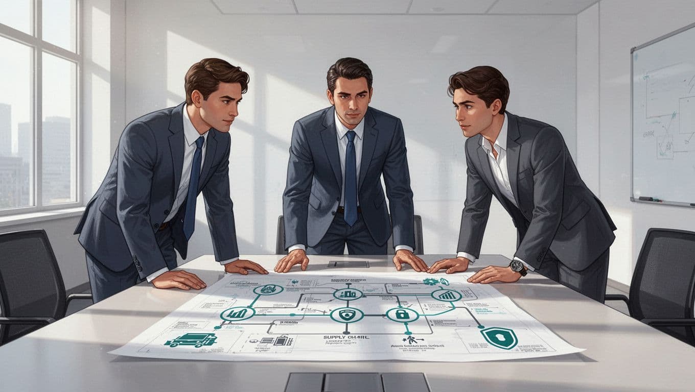 Hiring manager and two candidates discuss supply chain map with security icons on conference table.