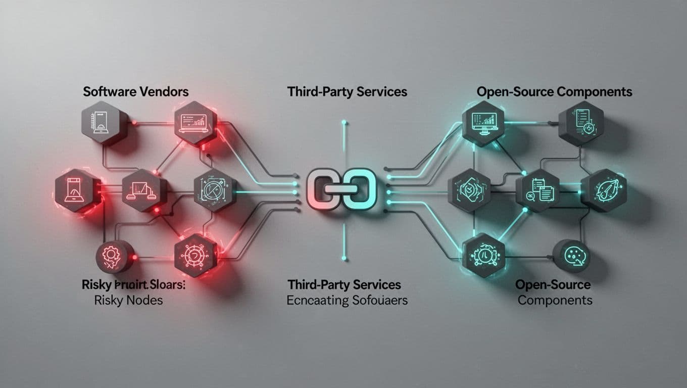Flowchart of supply chain network with red glowing warnings on vendor nodes, third-party services, and open-source components; green accents on secure paths.