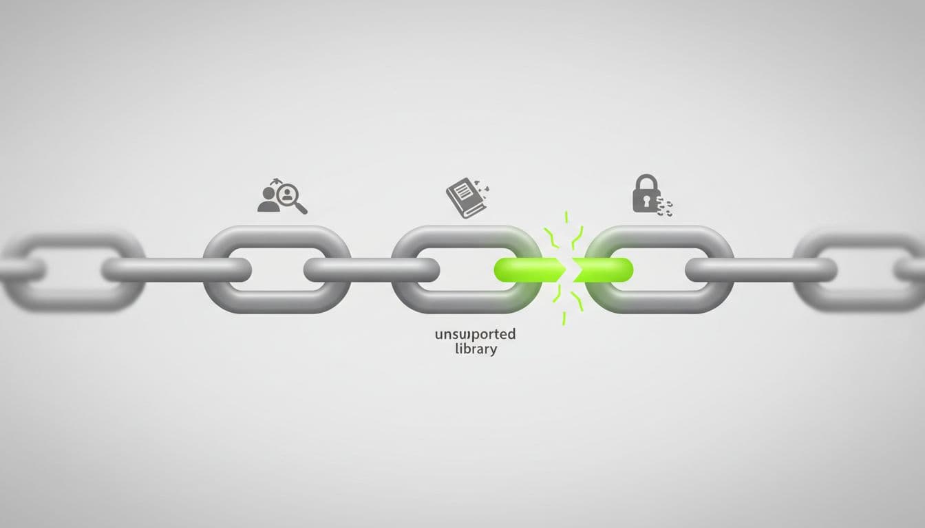 Chain illustration depicts supply chain with green-highlighted broken links for vulnerabilities like single maintainer and credential leaks.