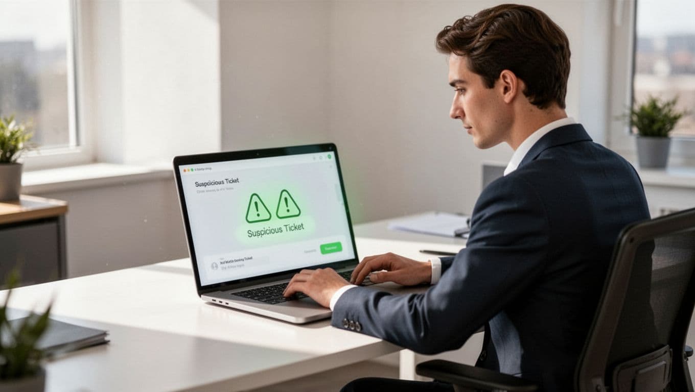 Customer support agent at desk reviews suspicious ticket on computer screen with warning icons.